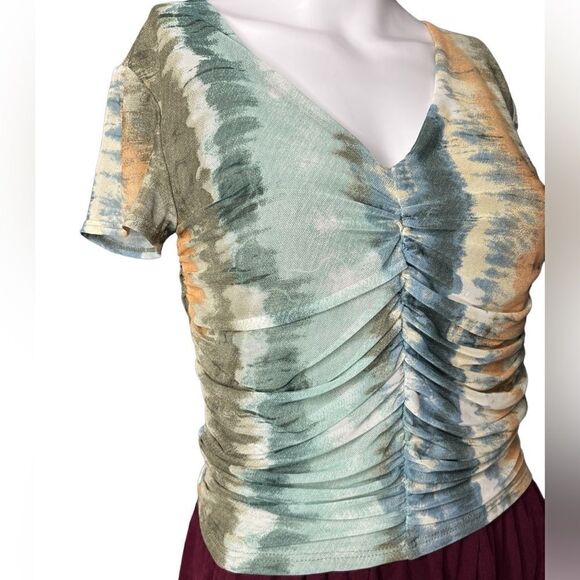 Free Press Mesh Ruched Short Sleeve Top Neutral Green Brown Size Medium - Picture 1 of 4